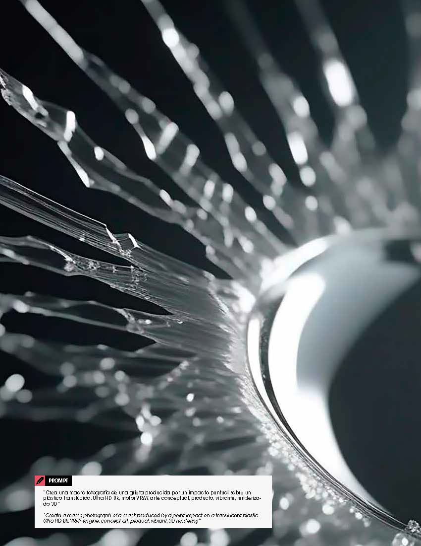 PROMPT: “Crea una macro fotografía de una grieta producida por un impacto puntual sobre un plástico translúcido. Ultra HD 8k, motor VRAY, arte conceptual, producto, vibrante, renderizado 3D”