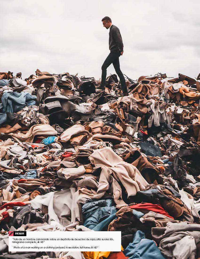 PRONT: “Foto de un hombre caminando sobre un depósito de desechos de ropa, alta resolución, fotograma completo, 4k HD”
